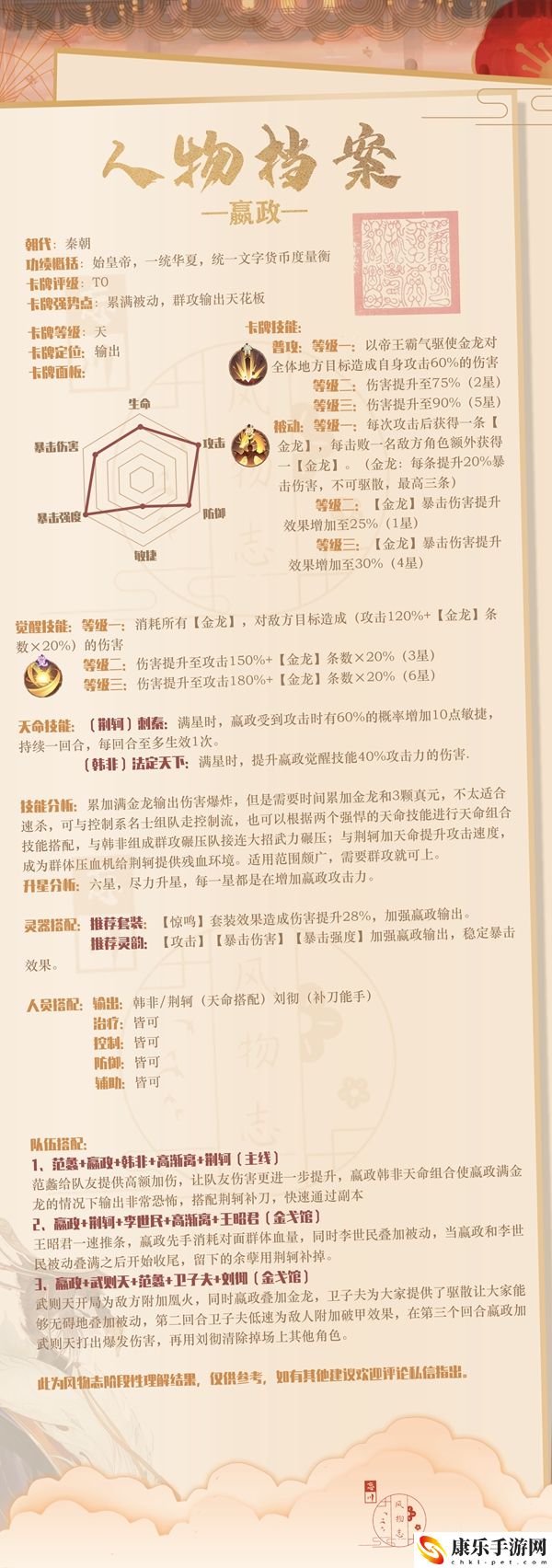 忘川风华录嬴政阵容搭配攻略